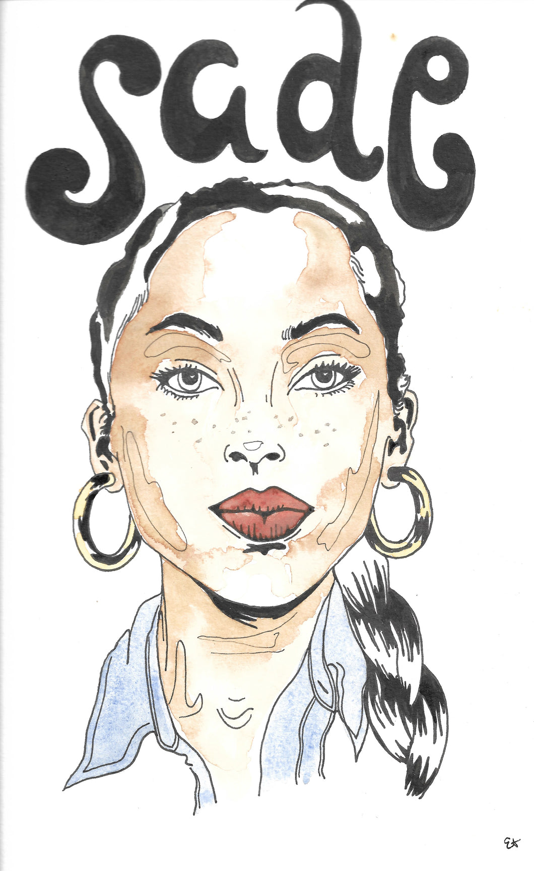 Water color portrait of singer Sade. She is wearing large hoop earrings and blue collared shirt. Her hair is worn in a braid to the side. 